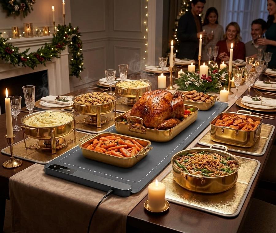 Warming mat holding gravy and dinner plates at serving temperature