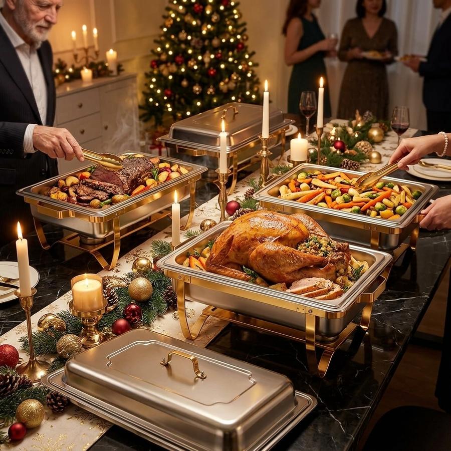 Four gold rectangular chafing dishes on a holiday buffet table